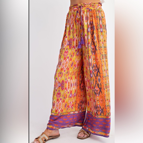 easel Pants - 852 🌻 1 left EASEL ETHNIC BORDER PRINT RAYON CHALLIS WIDE LEG PANTS